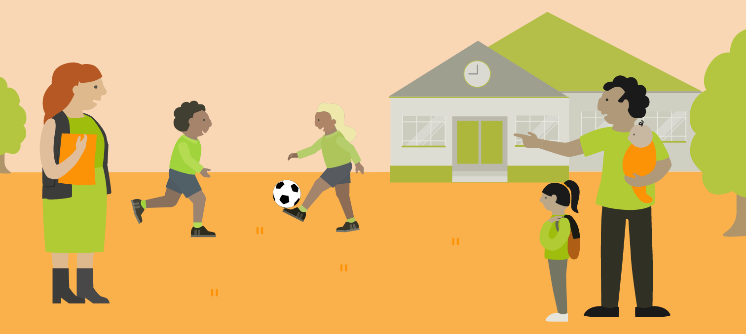 Outdoor school scene with a teacher and family talking. two children are in the distance kicking a soccer ball. 