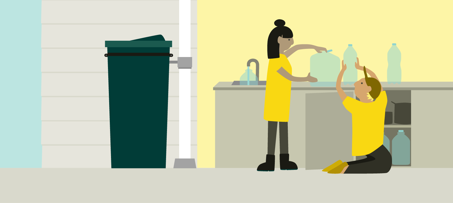Two people helping each other to store bottled water at ground level in a cupboard. A 200 litre water tank is connected to the downpipe on the left side of a house 
